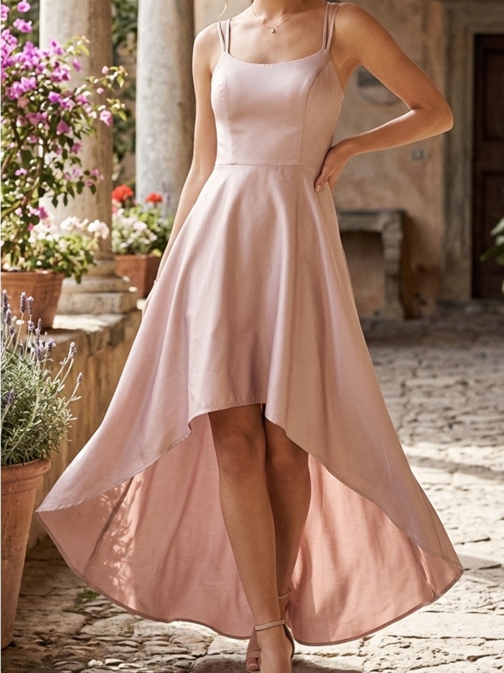 High-Low Mauve Party Dress With tank straps
